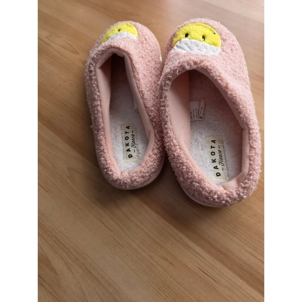 Dakota Fleece Kids Pink Sherpa Smiley Face Beanie Slippers House Shoes EUR 33/34